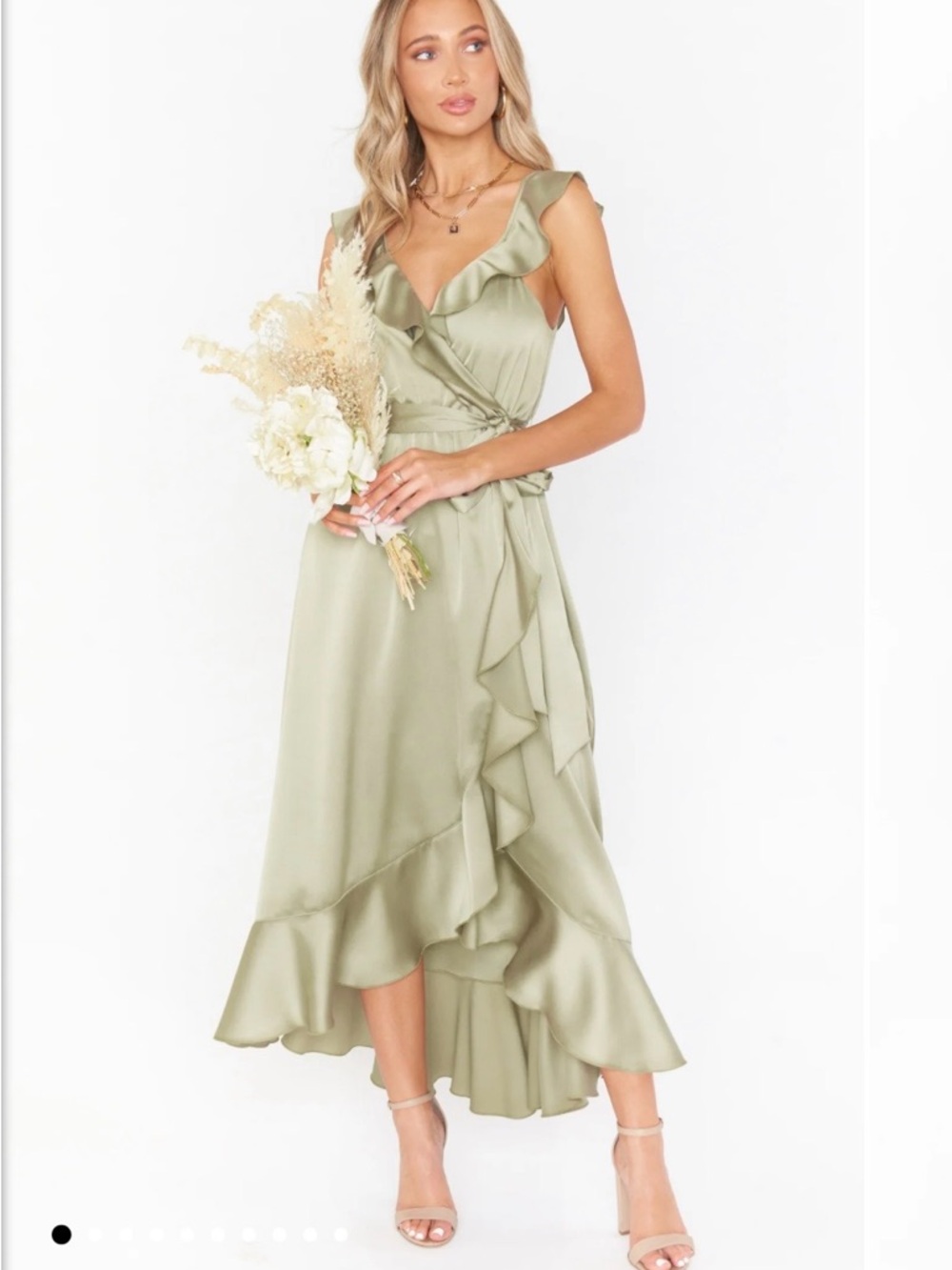 Show Me Your MuMu Samantha Ruffle Wrap Dress ~ Moss Green Luxe Satin
S
